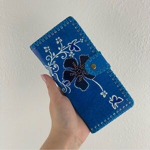 Handmade Boho Blue Tooled Faux Leather Floral Butterfly Whipstitch Snap Wallet